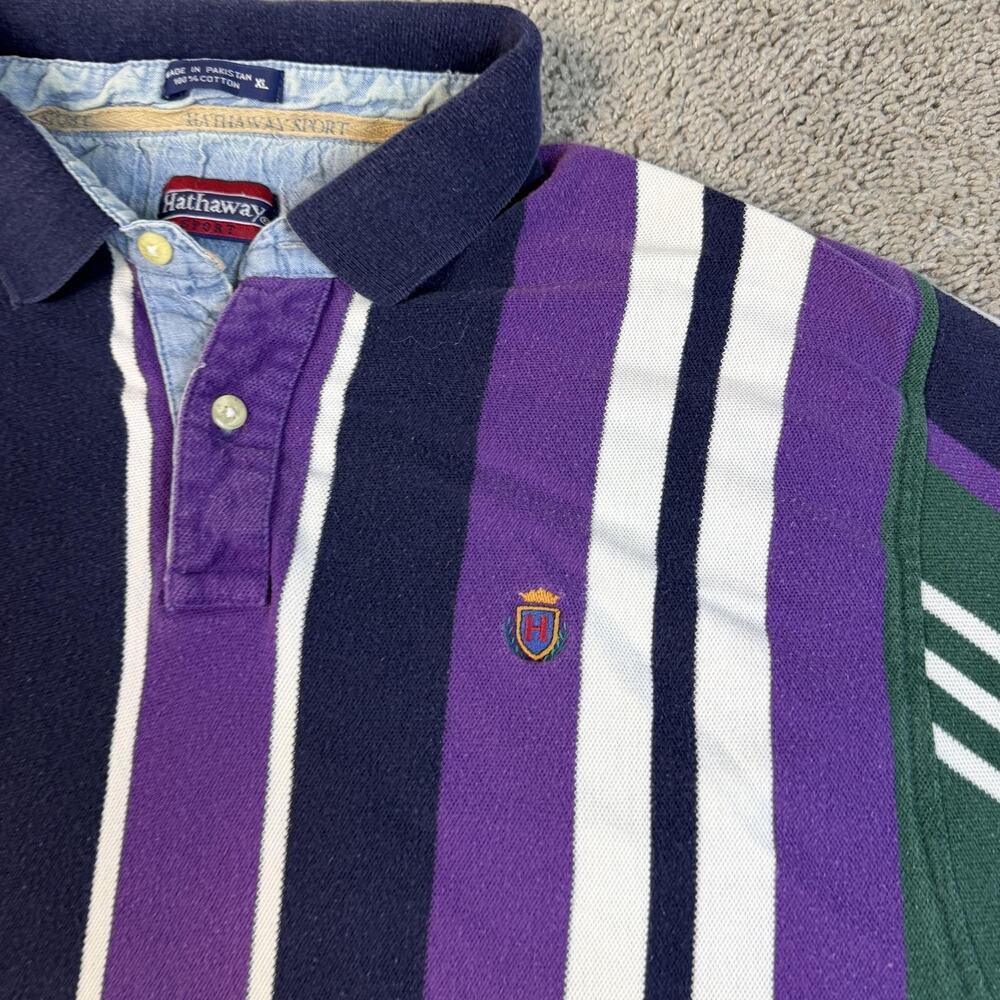 VTG Hathaway Polo Shirt Mens XL Green Purple Striped Short Sleeve 100% Cotton - Picture 3 of 8